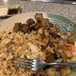 Asahi Japanese Steakhouse - steak and scallops with fried rice and vegetables. great sear on the scallops