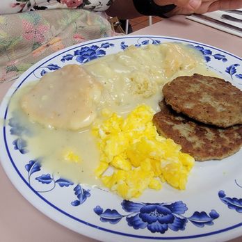 J & A's Cafe - Biscuit and Gravy with two sausge pattys and two eggs scramble - Cafes Near Me - Duarte, California