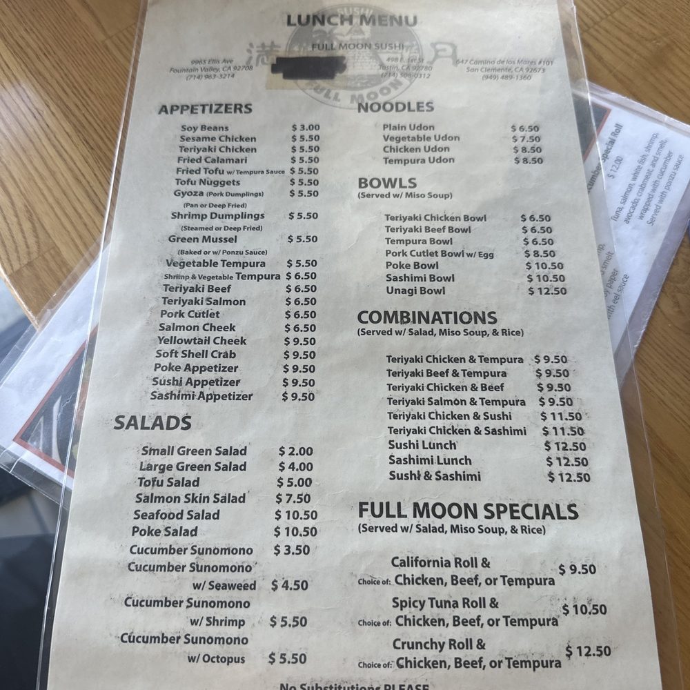 Full Moon Sushi - Menu - Japanese Near Me - San Clemente, California