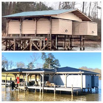 T&M Custom Docks - two views of a boathouse - General Contractors Near Me - Anderson, South Carolina T&M Custom Docks - two views of a boathouse - General Contractors Near Me - Anderson, South Carolina