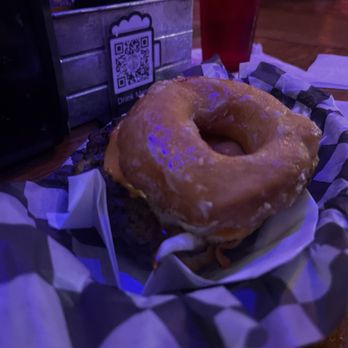 Jack Brown's Beer & Burger Joint - Murfreesboro - Murfree Cheeseburger - quarter pounder with bacon, egg, and cheese on a grilled doughnut. - Burgers Near Me - Murfreesboro, Tennessee Jack Brown's Beer & Burger Joint - Murfreesboro - Murfree Cheeseburger - quarter pounder with bacon, egg, and cheese on a grilled doughnut. - Burgers Near Me - Murfreesboro, Tennessee