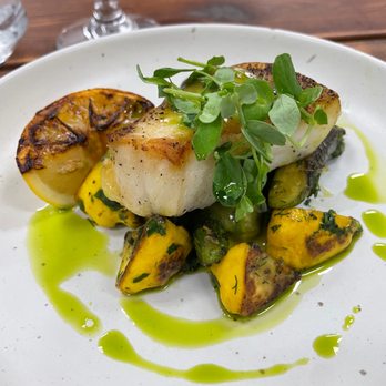 Foodheart - pan seared Halibut w/ assorted summer squash, pea tendrils, basil pistou - Caterers Near Me - Tarzana, California