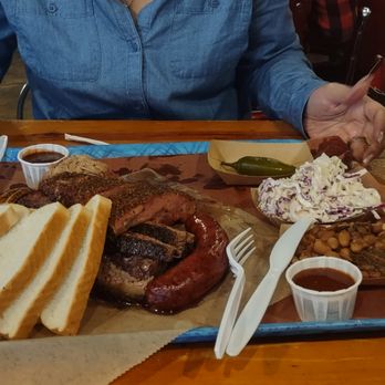 Franklin Barbecue - Franklin's BBQ plate consisting of beef brisket, sausage, pork ribs, pulled pork, coleslaw and ranch style beans. - Barbeque Near Me - Austin, Texas Franklin Barbecue - Franklin's BBQ plate consisting of beef brisket, sausage, pork ribs, pulled pork, coleslaw and ranch style beans. - Barbeque Near Me - Austin, Texas