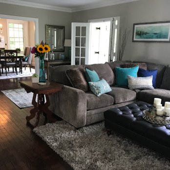 Philly Staging - Family Room | Grey and blue. Interior Design.  Decoration. Decor. Adding accents to tie in the space. - Home Staging Near Me