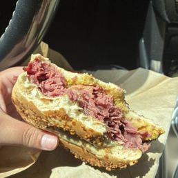 This is their pastrami bagel with brown mustard and garlic bagel