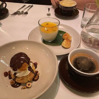 Chez Panisse - hazelnut cream puff, passion fruit panna cotta, americano, and cappuccino - New American Near Me - Berkeley, California Chez Panisse - hazelnut cream puff, passion fruit panna cotta, americano, and cappuccino - New American Near Me - Berkeley, California