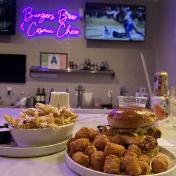 Cosmos Burger - Hot chicken sandwich with tater tot's and side of truffle fries - Burgers Near Me - Oceanside, California