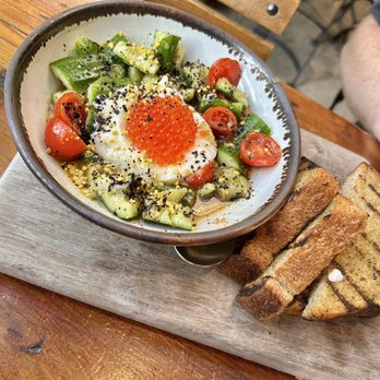 Manuela - Burrata salad with cucumbers, tomatoes, smoked trout roe, and polenta toast - New American Near Me - Los Angeles, California Manuela - Burrata salad with cucumbers, tomatoes, smoked trout roe, and polenta toast - New American Near Me - Los Angeles, California