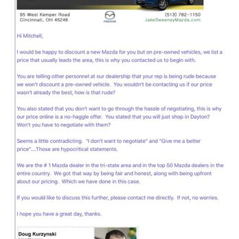 Jake Sweeney Mazda Tri-County - Email from Jake Sweeney to back up review. - Auto Repair Near Me - Cincinnati, Ohio