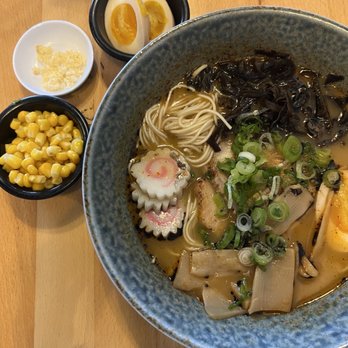 Tamashi Ramen Robata - Cute that it comes in side little dishes. Corn, fresh garlic, and egg - Ramen Near Me - Houston, Texas