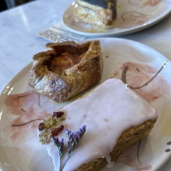 Loquat - Eggplant feta boureka, Nectarine galette, and Mahlab cake with lavender and pistachio. - Bakeries Near Me - San Francisco, California Loquat - Eggplant feta boureka, Nectarine galette, and Mahlab cake with lavender and pistachio. - Bakeries Near Me - San Francisco, California