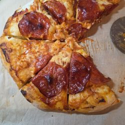 The pizza dough is good the pepperoni is real good and mozzarella cheese is so good oh and the pizza sauce is so good and fresh.