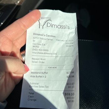 Dimassi's Mediterranean Buffet - Here's a receipt for two children and one adult Sunday buffet. - Mediterranean Near Me - Cerritos, California Dimassi's Mediterranean Buffet - Here's a receipt for two children and one adult Sunday buffet. - Mediterranean Near Me - Cerritos, California