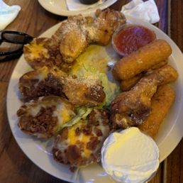 potato skins, mozzarella sticks and wings