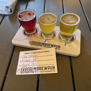The Explorium Brewpub Third Ward - Flight of beer; selections on the paper reference - American Near Me - Milwaukee, Wisconsin The Explorium Brewpub Third Ward - Flight of beer; selections on the paper reference - American Near Me - Milwaukee, Wisconsin