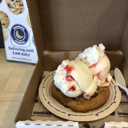 Insomnia Cookies - Deluxe Triple Chocolate Chunk cookie with Strawberry Cheesecake ice cream