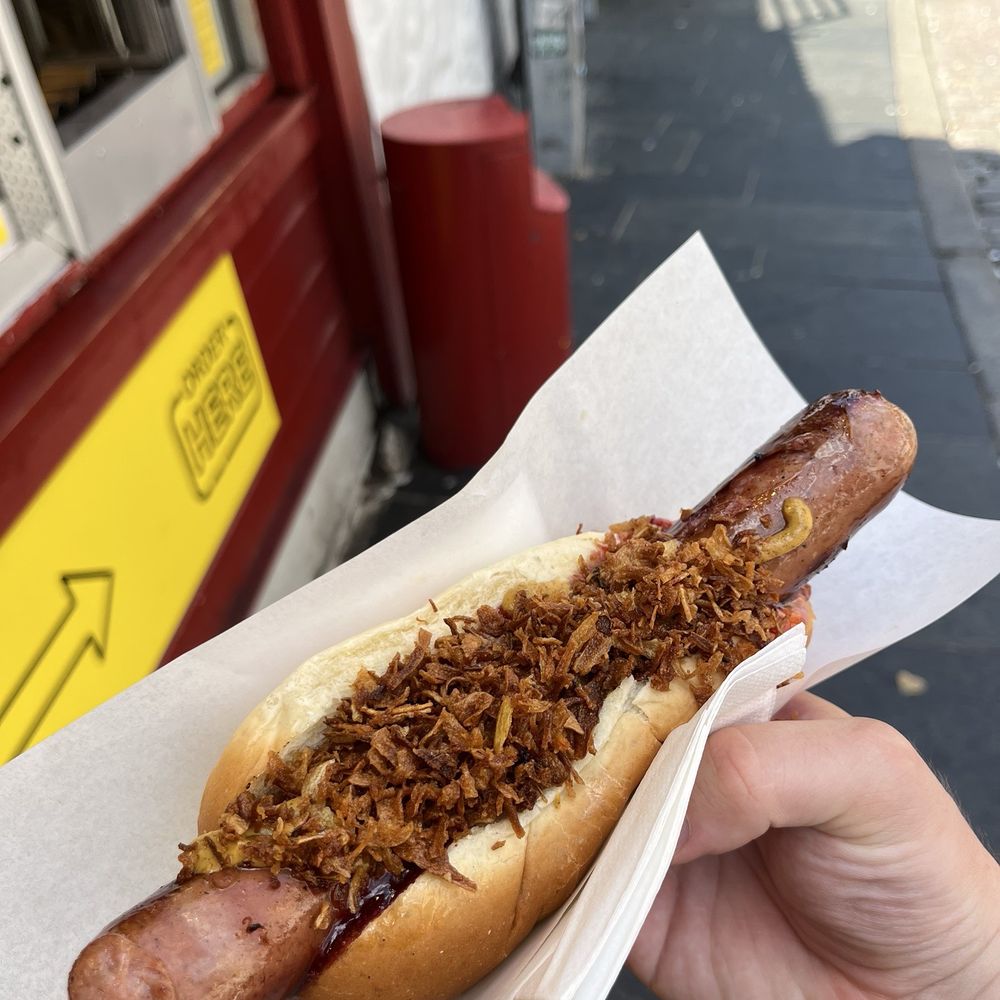 Trekroneren - Reindeer dog with juniper berries, spices, mustard, and fried onions - Hot Dogs Near Me - Bergen, 12 Trekroneren - Reindeer dog with juniper berries, spices, mustard, and fried onions - Hot Dogs Near Me - Bergen, 12