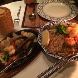 Tumnan Thai - Prawn Pad Thai and Talay Phad Cha (stir fry seafood mix with chili and ginger) with rice