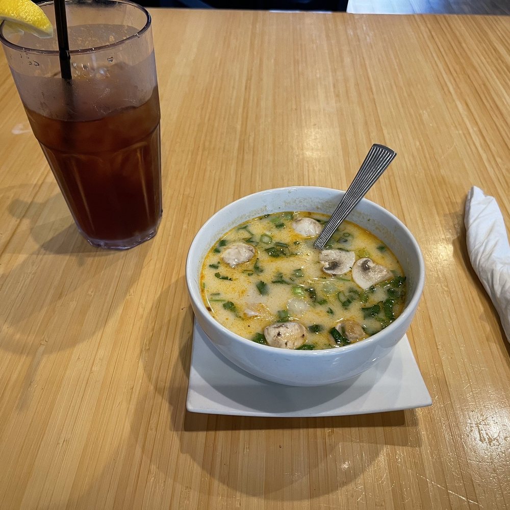 Try Thai Restaurant - Tom Kar soup with chicken, and an iced tea. - Sushi Bars Near Me - Front Royal, Virginia Try Thai Restaurant - Tom Kar soup with chicken, and an iced tea. - Sushi Bars Near Me - Front Royal, Virginia