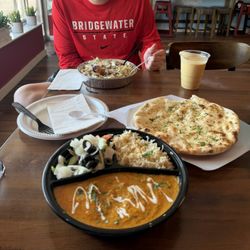Kun Kabob and Curry - Butter Chicken Platter, Garlic naan, mango lassi, Chicken Gyro Platter