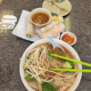 Pho Saigon - Small bowl rare steak and tendon pho and order of spring rolls - Vietnamese Near Me - Pleasanton, California
