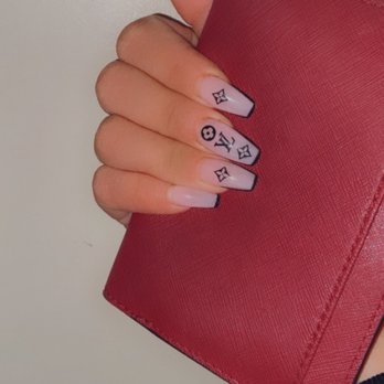 Millennium Nails & Spa - LV design with a transparent pink/nude nail color and black nail outline done by Tiffany. - Nail Salons Near Me - Riverside, California