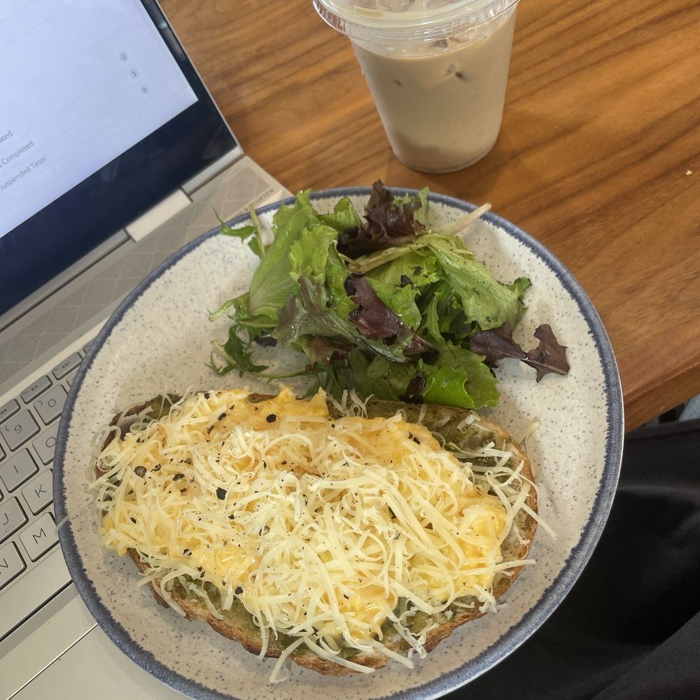 Eggy toast breakfast and iced carrot cake latte