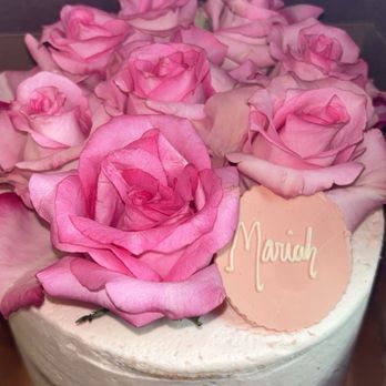 Marigold Bakeshop - Vanilla cake with strawberry buttercream frosting mixed berry filling with my favorite pink roses and cute chocolate name plate - Bakeries Near Me - Los Angeles, California