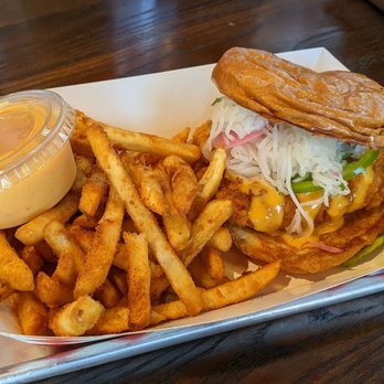 Holdaak Fried Chicken - Spicy chicken sandwich (not worth extra $1 - wasn't spicy) + order of fries - Chicken Shop Near Me - Fullerton, California Holdaak Fried Chicken - Spicy chicken sandwich (not worth extra $1 - wasn't spicy) + order of fries - Chicken Shop Near Me - Fullerton, California
