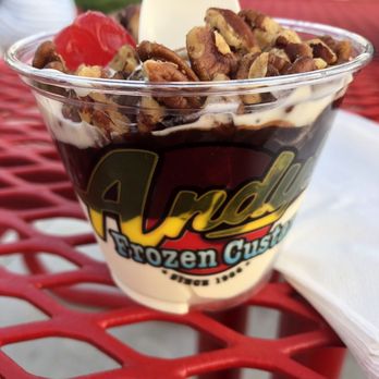 Andy's Frozen Custard - Kids Hot Fudge Sundae with Pecans - Ice Cream & Frozen Yogurt Near Me - Glen Ellyn, Illinois Andy's Frozen Custard - Kids Hot Fudge Sundae with Pecans - Ice Cream & Frozen Yogurt Near Me - Glen Ellyn, Illinois
