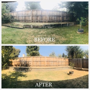 Cali's Finest Landscaping & Maintenance - Before: broken wooden retaining wall; huge trees. After: beautiful block retaining wall; huge trees removed. - Landscaping Near Me