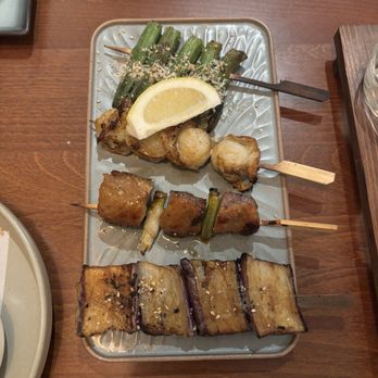 Kawanoya - Yakitori (from top to bottom): okra, scallop, duck, miso eggplant - Japanese Near Me - San Francisco, California Kawanoya - Yakitori (from top to bottom): okra, scallop, duck, miso eggplant - Japanese Near Me - San Francisco, California