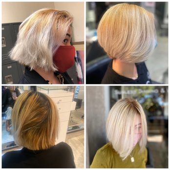 Dylan Keith Salon - 1st Visit Top Left -Damaged hair using dye boxes Top Right -Keratin treatment  2nd Visit BLEACH Bottom Left -BEFORE Bottom Right -AFTER - Hair Salons Near Me - Burbank, California