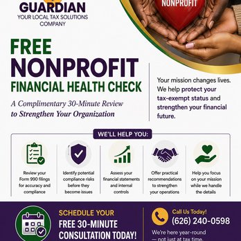 Guardian Tax Solution - From bookkeeping to Form 990 preparation, Guardian helps nonprofit organizations stay compliant and financially strong. - Accountants Near Me - Pasadena, California Guardian Tax Solution - From bookkeeping to Form 990 preparation, Guardian helps nonprofit organizations stay compliant and financially strong. - Accountants Near Me - Pasadena, California