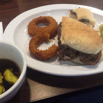 7 Days Diner - French dip with peppercini in the au jus and a side of onion rings - Diners Near Me - Concordia, Missouri