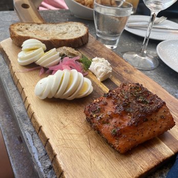 A'Bouzy - Hot Smoked Honey & Sriracha Salmon (w/ cream cheese, deli mustard, pickled red onion, capers, and hard boiled egg) - Champagne Bars Near Me - Houston, Texas A'Bouzy - Hot Smoked Honey & Sriracha Salmon (w/ cream cheese, deli mustard, pickled red onion, capers, and hard boiled egg) - Champagne Bars Near Me - Houston, Texas