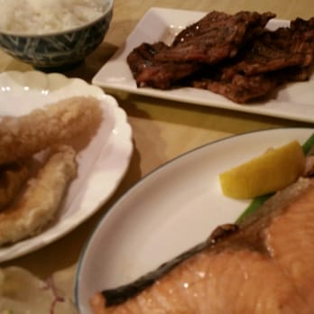 Yanagi Sushi - Neil's dinner: shrimp with vegetable tempura, broiled salmon and and kalbi - Japanese Near Me - Honolulu, Hawaii