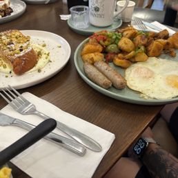 Pistachio French toast (left) and the sausage and eggs breakfast (right) Pistachio French toast (left) and the sausage and eggs breakfast (right)