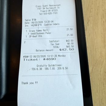Crazy Sushi - The check :) - Sushi Bars Near Me - Tigard, Oregon Crazy Sushi - The check :) - Sushi Bars Near Me - Tigard, Oregon