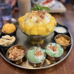 U :Dessert Story - Mango Sticky Rice Bingsu. Added extras: mango ice cream, bananas, coconut cluster, pandan sticky rice, cornflakes