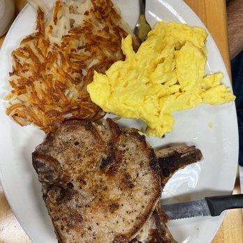 Bobbie's Southern Kitchen - Two Pork Chops, Scramble Soft Eggs & Hash-browns - American Near Me - San Antonio, Texas