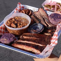 Ribs, beans, Ube Cornbread, Brisket, and Hot link. 10/10