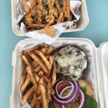 Tommy J's Grill & Catering - Swiss and shroomer burger with fries! Philly fries at the top! - Burgers Near Me - Davis, California Tommy J's Grill & Catering - Swiss and shroomer burger with fries! Philly fries at the top! - Burgers Near Me - Davis, California