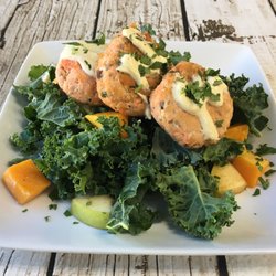 Eat the 80 - Salmon Cakes over Kale Salad with Pumpkin, Apples, Raisins and Balsamic Vinaigrette