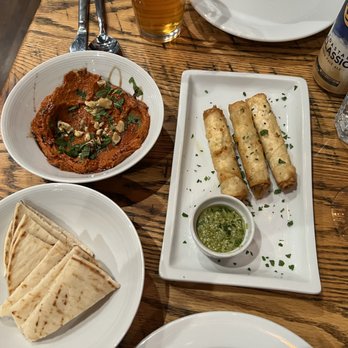 Ala Mediterranean Grill & Mezzes - Warm pita bread, cigar bourek with a tasty side sauce, muhammara (so creamy). - Mediterranean Near Me - Alameda, California Ala Mediterranean Grill & Mezzes - Warm pita bread, cigar bourek with a tasty side sauce, muhammara (so creamy). - Mediterranean Near Me - Alameda, California