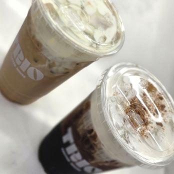 Trio Coffee House - Spanish Latte & Cold brew with salted caramel syrup & Vanilla cold foam & cinnamon - Coffee & Tea Near Me - Canoga Park, California