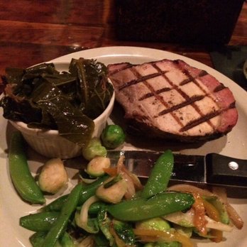 Flying Mango - The Baby Chop with braised collard greens and the vegetable of the day. The cut of meat was easily over 1" thick. - Barbeque Near Me - Des Moines, Iowa Flying Mango - The Baby Chop with braised collard greens and the vegetable of the day. The cut of meat was easily over 1" thick. - Barbeque Near Me - Des Moines, Iowa