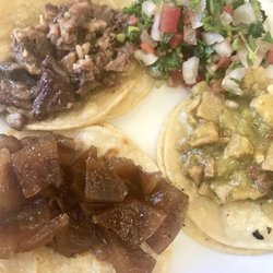 Taqueria Ayala - Clockwise: taco de chile verde, de cuerito (delicious pork skin), and cabeza.