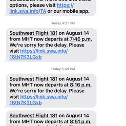 Nice to wake up to delays 10 hours in advance of a flight. The delays just keep rolling in via text too. Nice to wake up to delays 10 hours in advance of a flight. The delays just keep rolling in via text too.
