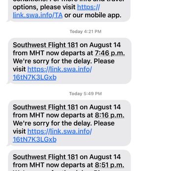 Southwest Airlines - Nice to wake up to delays 10 hours in advance of a flight. The delays just keep rolling in via text too. - Airlines Near Me - Manchester, New Hampshire Southwest Airlines - Nice to wake up to delays 10 hours in advance of a flight. The delays just keep rolling in via text too. - Airlines Near Me - Manchester, New Hampshire